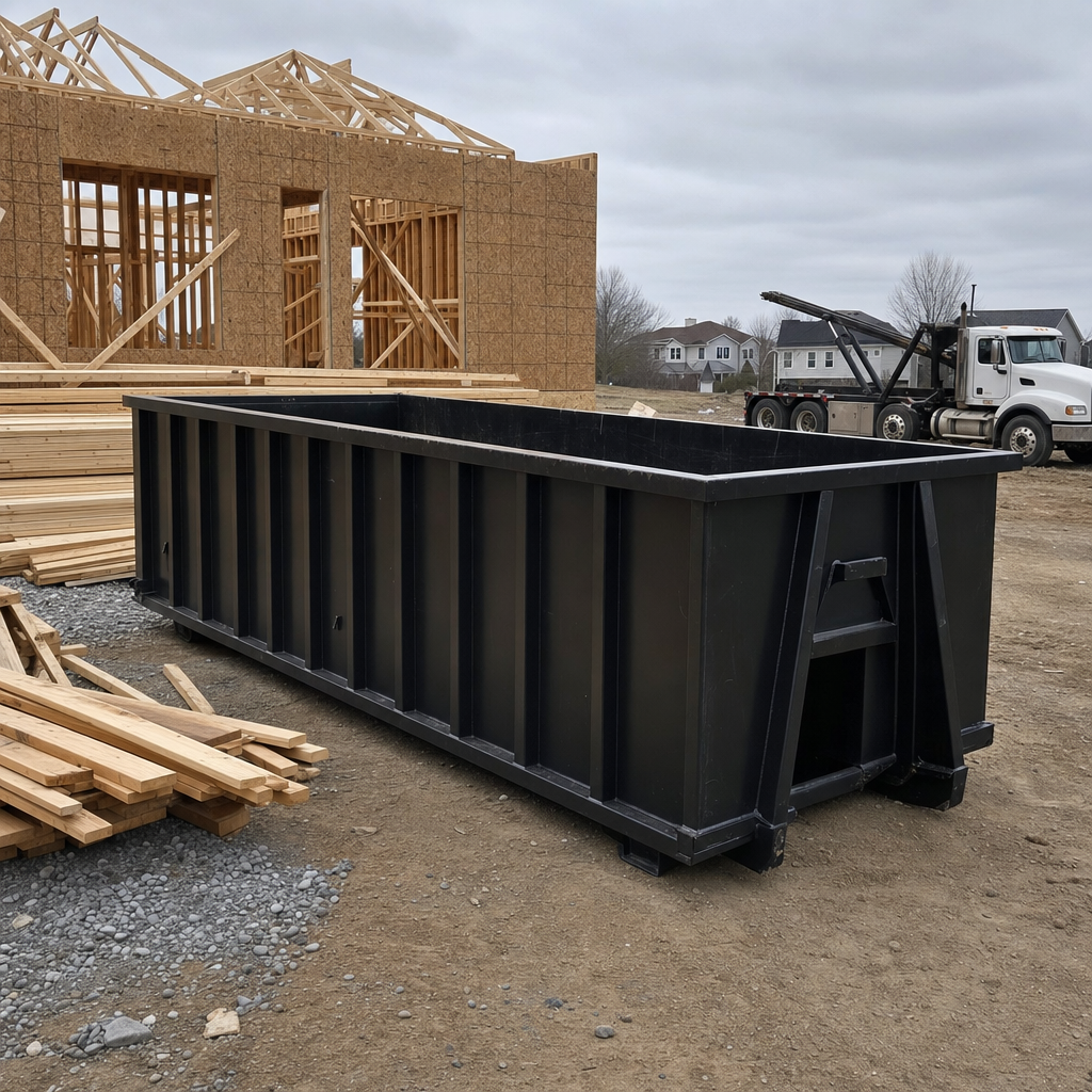 Matte-black 40-yard roll-off dumpster staged on a framed-out residential construction site in Pensacola, framing lumber stacked nearby, hooklift delivery truck visible in the background under bright Colorado daylight
