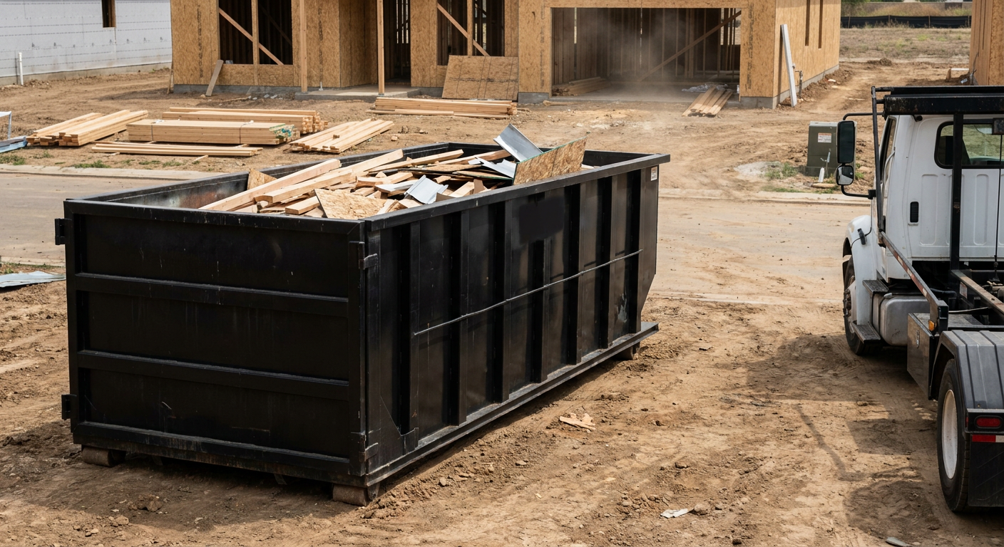 Matte-black 20-yard roll-off construction dumpster with heavy ribbed steel sidewalls and swing rear doors at a working jobsite in Pensacola, sitting directly on compacted dirt with an unmarked white hauler partially visible at the far edge of the frame.