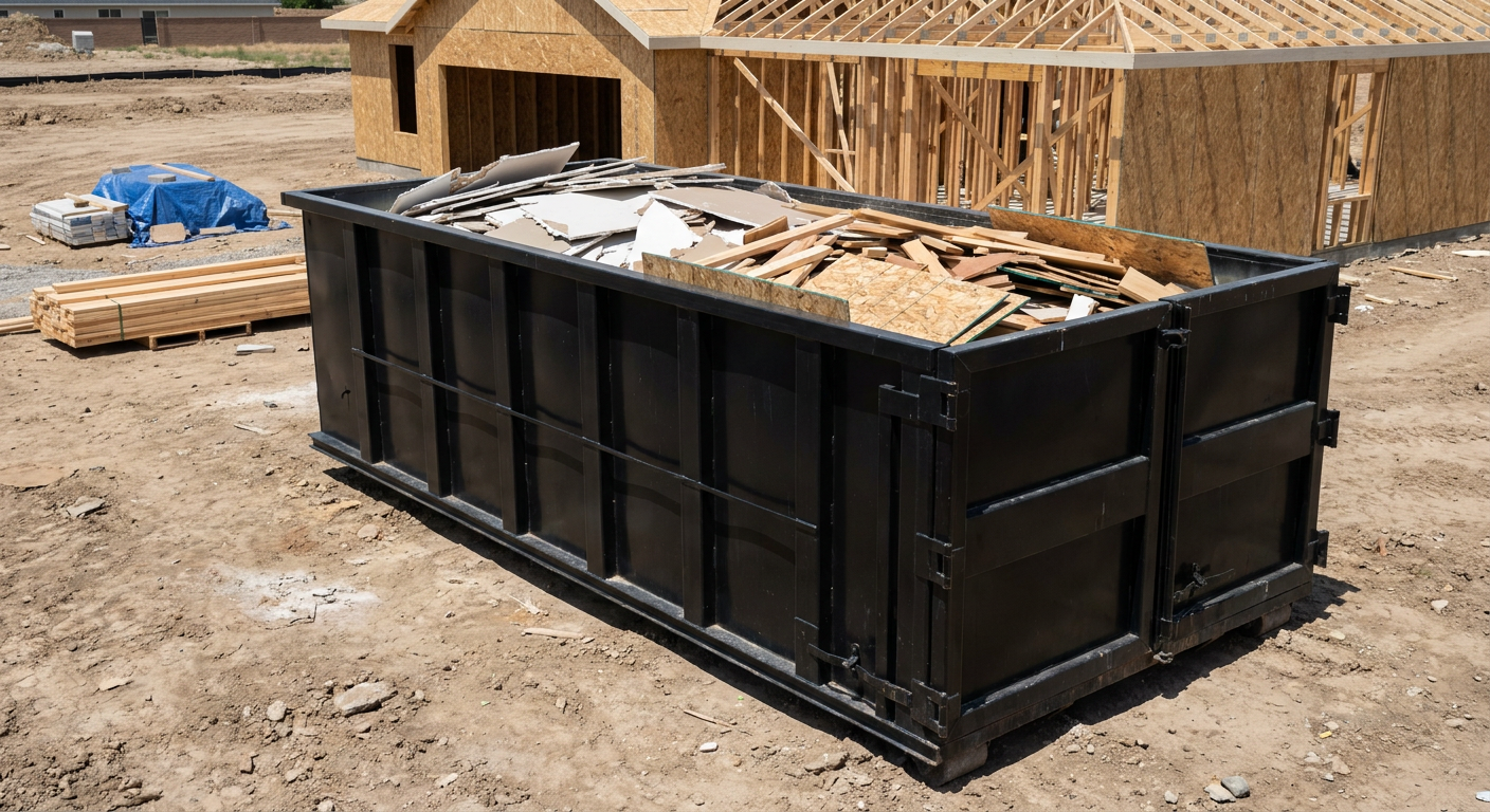 Matte-black 30-yard roll-off construction dumpster sitting directly on the compacted-dirt site of a framed single-family home build in Pensacola, drywall and lumber scrap loaded inside.