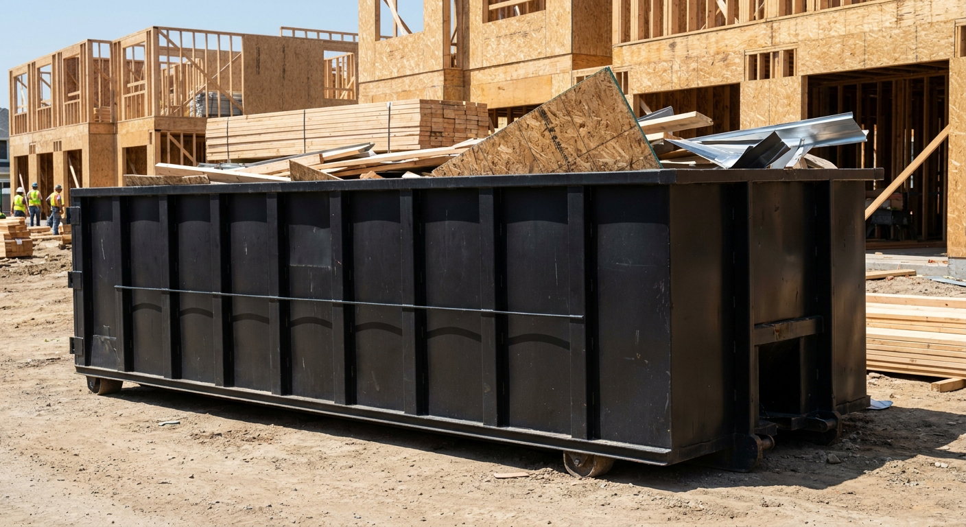 Matte-black 40-yard roll-off construction dumpster being lowered from a white-cab hooklift delivery truck onto the compacted-dirt jobsite at a commercial build site in Pensacola