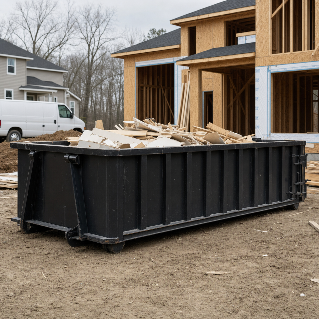 Worker in a yellow high-visibility vest tossing framing lumber and broken drywall into a matte-black 30-yard construction roll-off dumpster on an active build site in Pensacola, bright daylight