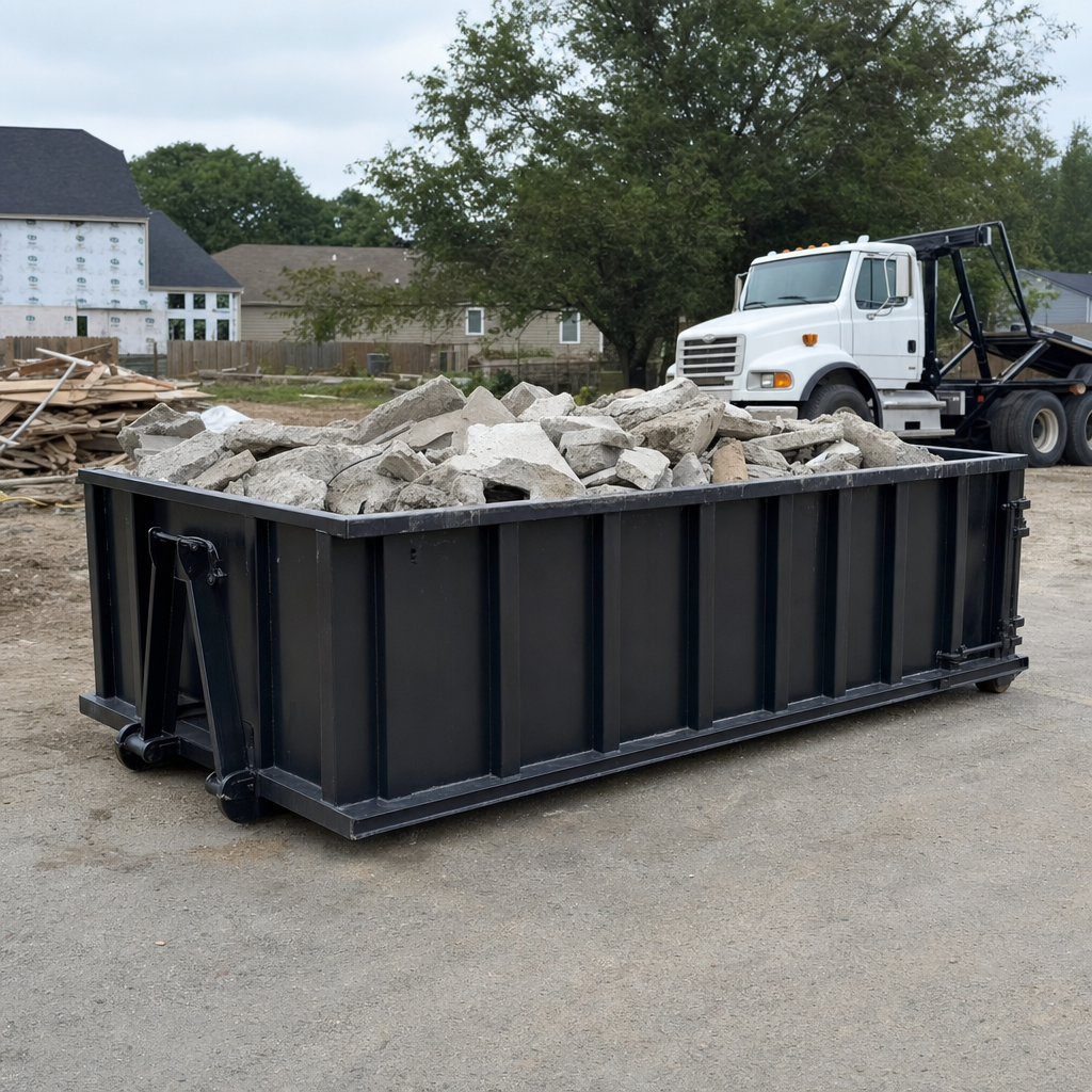 Low-profile matte-black lowboy roll-off dumpster loaded with broken concrete slab and rebar at a foundation tear-out in Pensacola, skid steer parked beside it, sunny Colorado morning
