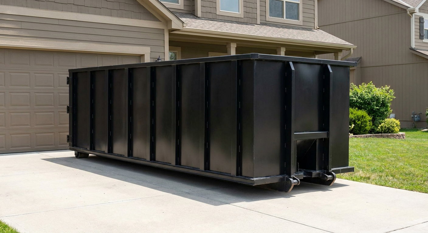 Matte-black residential roll-off dumpster sitting directly on a suburban Pensacola concrete driveway, garage door closed, single-family home in background, bright morning daylight.