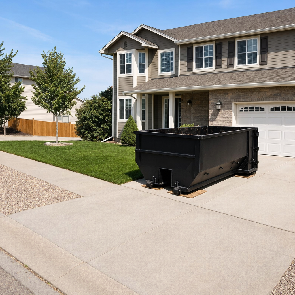 10-yard matte-black residential dumpster placed directly on a narrow Pensacola concrete driveway, room remains for a parked sedan beside it, mid-morning natural light
