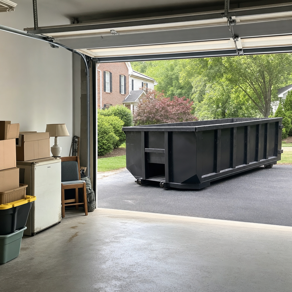 Open garage interior in a Pensacola home mid-cleanout — boxed items, an old appliance, and stacked yard tools queued near the driveway for a matte-black roll-off dumpster, organized and calm