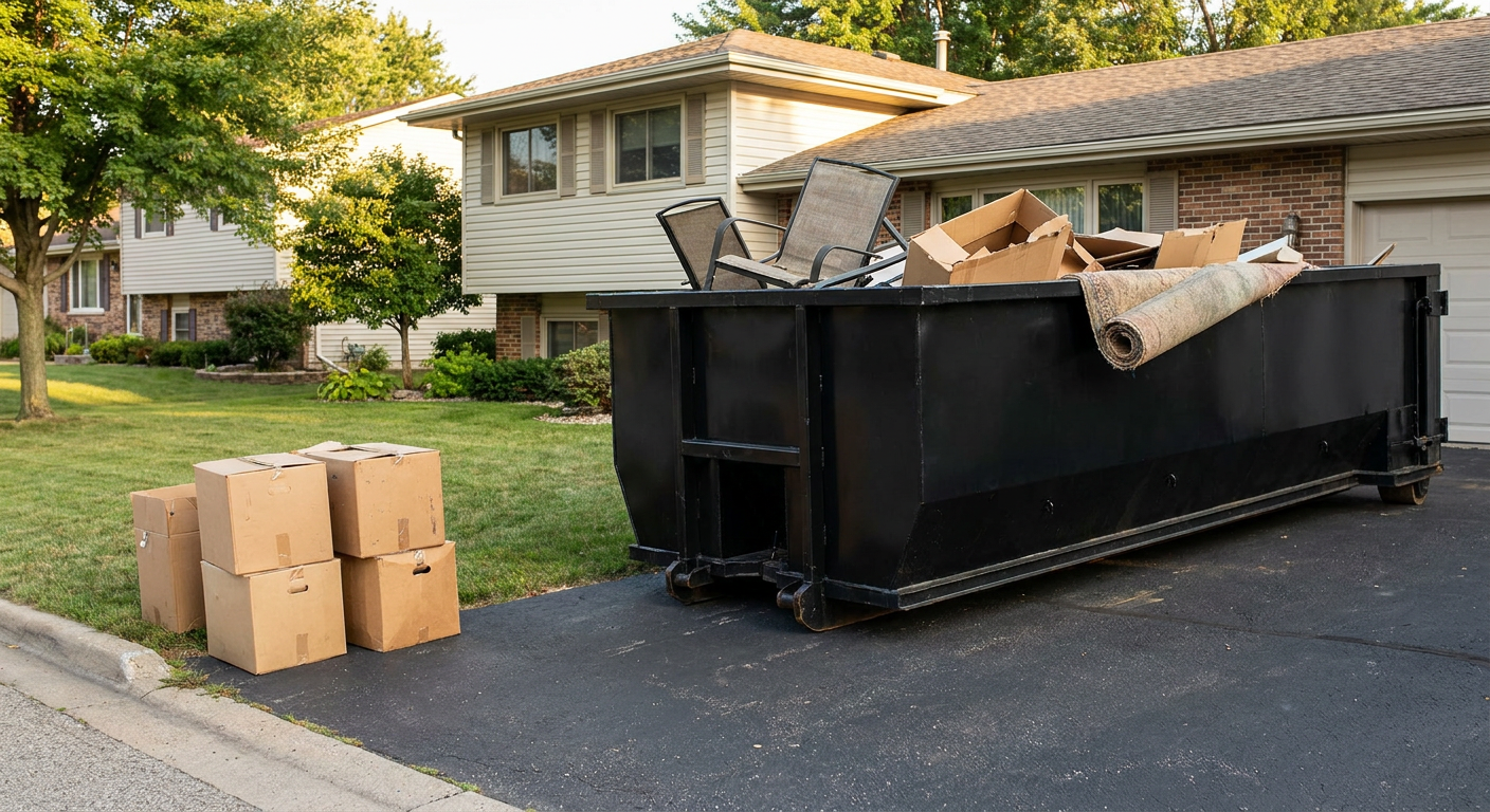 Front-yard view of a Pensacola split-level home with a 20-yard matte-black roll-off dumpster sitting directly on the asphalt driveway, a few clearly labeled donation boxes staged at the curb, calm sunny afternoon.