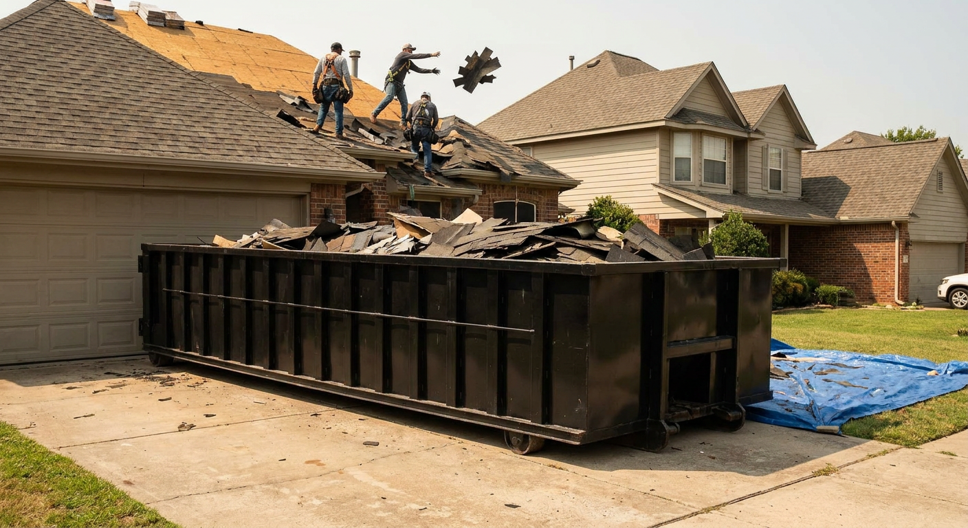 Matte-black roofing roll-off dumpster placed directly on a Pensacola residential concrete driveway, a tear-off crew on a two-story asphalt-shingle roof tossing shingle bundles into the low-walled container, bright daylight, documentary 35mm perspective.