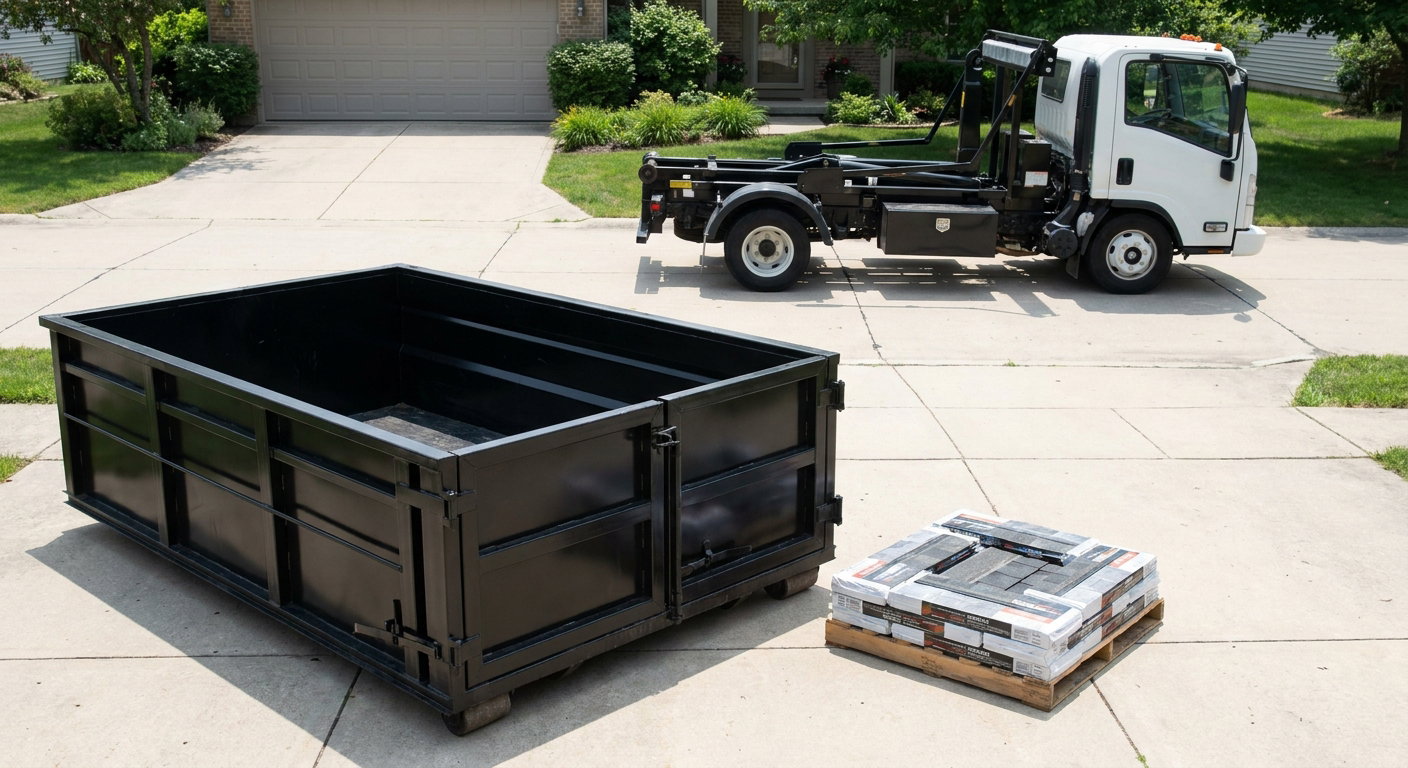 Matte-black 15-yard roofing roll-off dumpster with reinforced low side walls sitting directly on a Pensacola residential concrete driveway, three-tab asphalt shingle bundles stacked nearby, an unmarked white hauler truck partially visible at the edge of the frame.