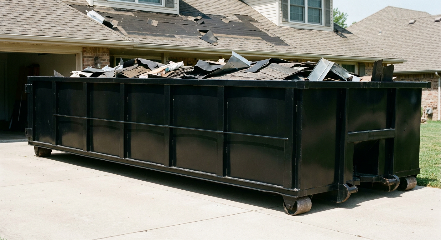 Matte-black 20-yard roofing roll-off dumpster with steel ribbed sides and swinging rear door, sitting directly on the concrete driveway of a two-story Pensacola home, asphalt shingle debris being loaded over the low wall, clean documentary lighting.
