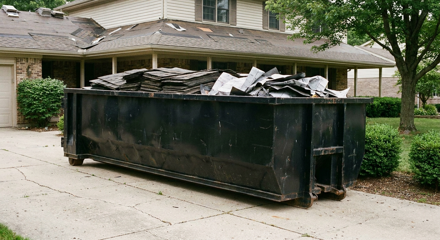 Matte-black 30-yard roofing roll-off dumpster sitting directly on a Pensacola concrete driveway, taller ribbed steel side panels, mixed tear-off debris of asphalt shingles and underlayment inside, professional documentary daylight.