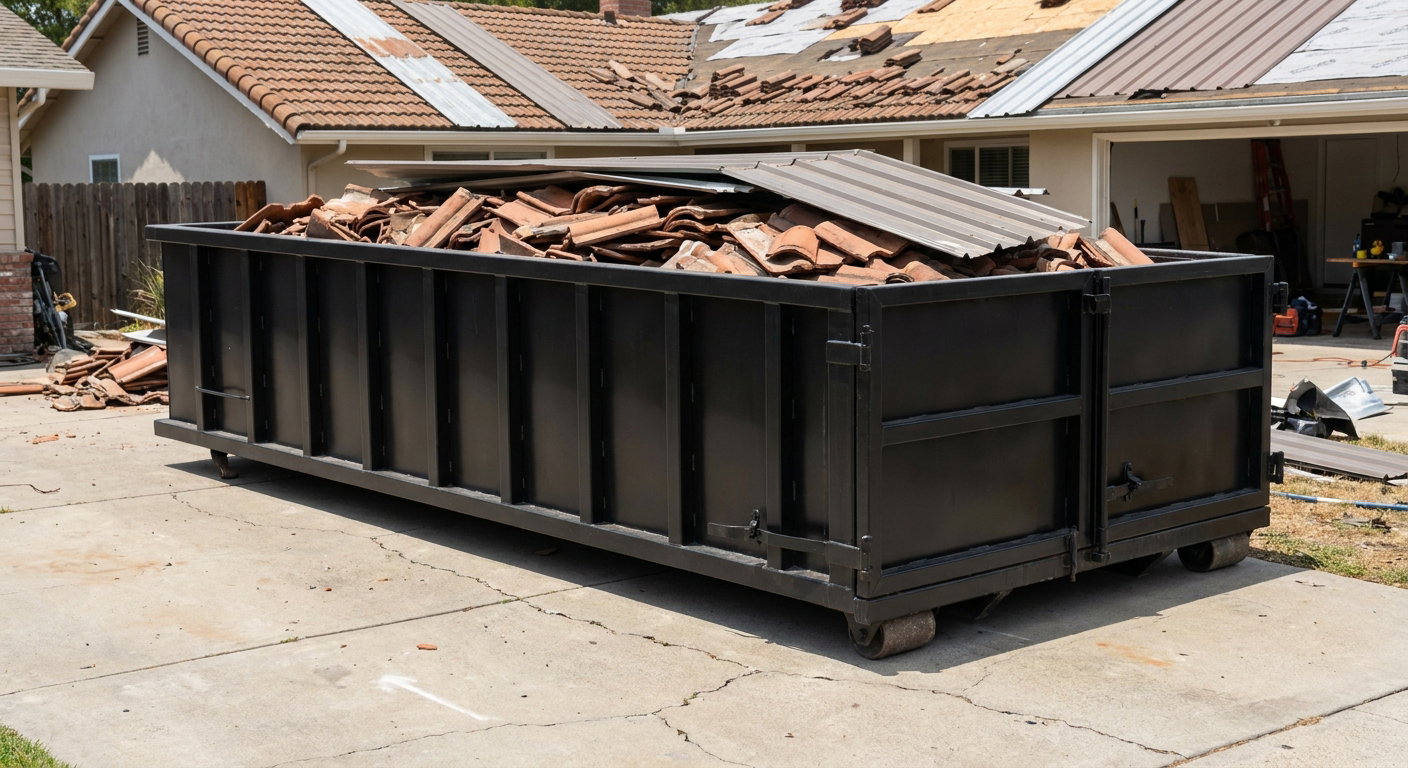 Matte-black low-wall heavy-debris roofing roll-off dumpster sitting directly on a Pensacola concrete driveway, broken concrete clay roof tiles and metal panel sections loaded inside, reinforced ribbed steel side walls visible, bright outdoor daylight.