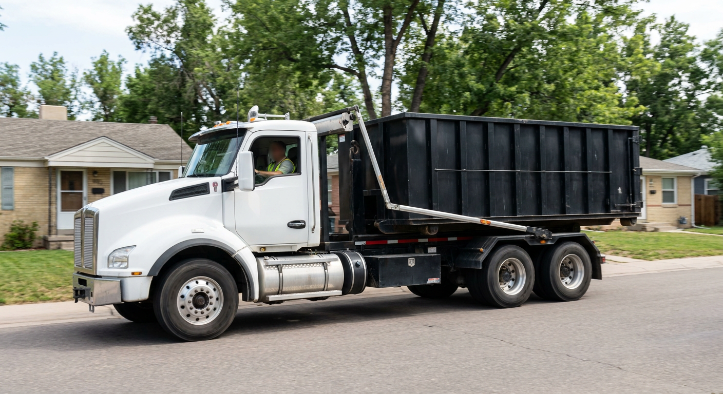A wide documentary shot of a matte-black roll-off delivery truck pulling onto a quiet Pensacola residential street at mid-morning, with neighborhood rooftops and tree-lined blocks visible behind, showing the metro coverage footprint.