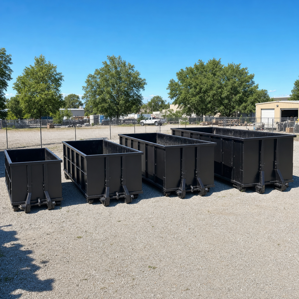 A clean lineup of matte-black roll-off dumpsters in 10, 20, 30, and 40-yard sizes staged on a sunlit gravel yard in Pensacola, showing the size progression from compact to commercial-scale containers.