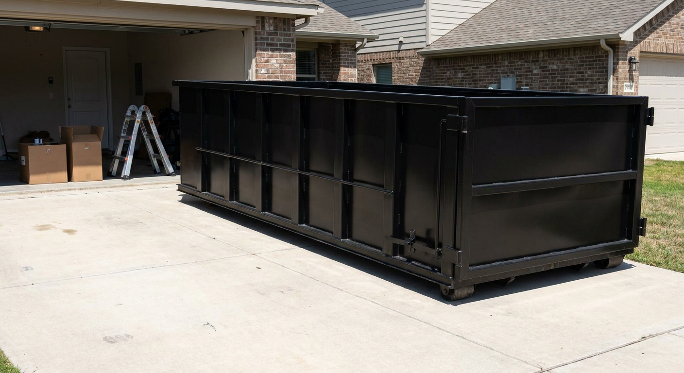 A matte-black 10-yard roll-off dumpster sitting directly on a residential Pensacola concrete driveway, mid-day sunlight, clean and ready for a garage cleanout.