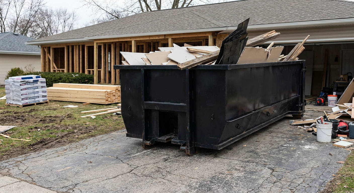 A matte-black 20-yard roll-off dumpster placed alongside a mid-renovation Pensacola home directly on the asphalt driveway, with framing materials and torn-off shingles staged neatly nearby.