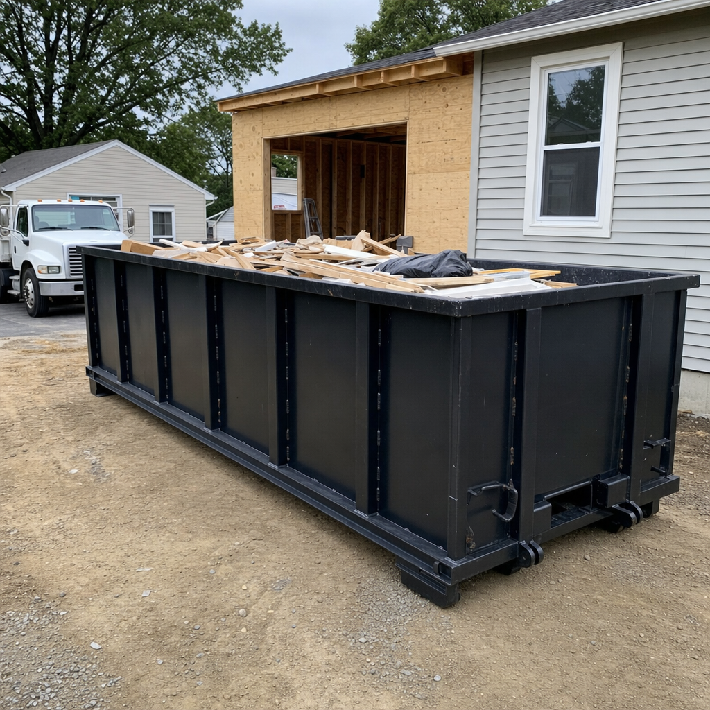 A matte-black 30-yard roll-off dumpster positioned at a Pensacola residential addition jobsite, with framing lumber and drywall scraps loaded through the open swinging rear doors.