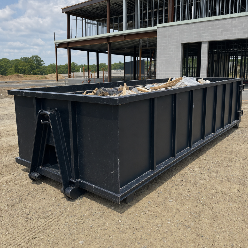 A matte-black 40-yard roll-off dumpster staged on a large Pensacola commercial construction lot, with a hooklift delivery truck parked alongside under bright midday sky.