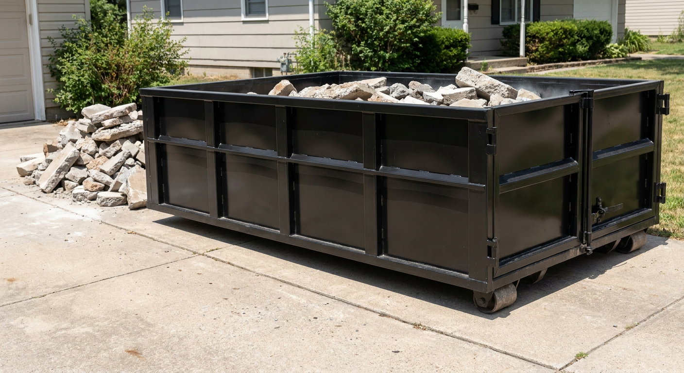 A matte-black low-side heavy-debris roll-off dumpster placed directly on a Pensacola concrete driveway, with broken concrete chunks neatly stacked beside it under clean daylight.